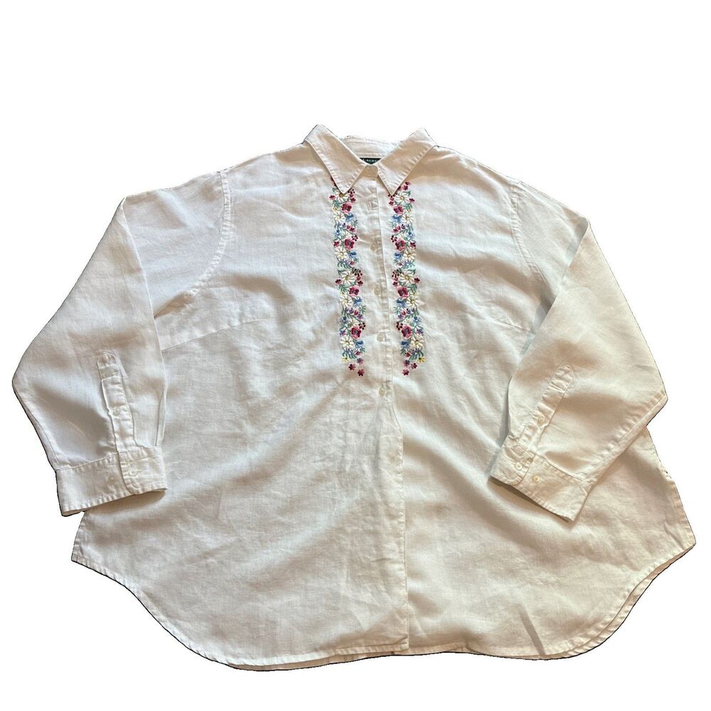 Lauren Ralph Lauren Women’s Linen Floral Embroidered White Longsleeve Blouse 3X